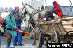 Imagine din 2006, din orașul Codlea. O căruță este dezinfectată împotriva gripei aviare, cu care România se confrunta la acea vreme.