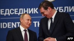 Predsednik Rusije Vladimir Putin sa predsednikom Srbije Aleksandrom Vučićem tokom Putinove posete Beogradu, 17. januar 2019. 