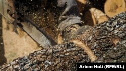 Një druvar duke prerë dru zjarri në Prishtinë. 