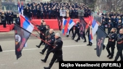 Members of the Russian "Night Wolves" motorcycle club march as part of a Republika Srpska "national day" commemoration in Banja Luka, January 9.