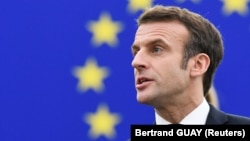 French President Emmanuel Macron addresses a plenary session at the European Parliament to present the program of activities of the French presidency in Strasbourg, France, on January 19.