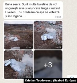 Képernyőkép egy WhatsApp-üzenetről a 2022-es magyar választások levélszavazatairól készült fotókkal egy nyugat-romániai temető melletti telken
