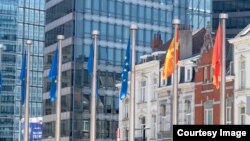 Flamuri i Maqedonisë së Veriut krahas atij të Shqipërisë dhe të BE-së.
