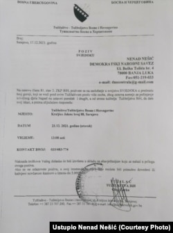 Poziv iz Tužilaštva BiH na saslušanje Nenada Nešića u svojstvu svjedoka, 17. decembar 2021.