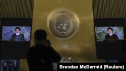 Iranski predsjednik Ebrahim Raisi se obraća Generalnoj skupštini Ujedinjenih nacija, Njujork, SAD, 21. septembar 2022.