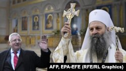 Kombo foto Vojislava Šešelja koji je osuđen za ratne zločine zbog proterivanja Hrvata iz Vojvodine i patrijarha Srpske pravoslavne crkve Porfirija