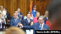 Presidenti Aleksandar Vuçiq, pasi bëri betimin në mandatin e dytë si president i Serbisë, 31 maj 2022. 