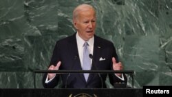 Șeful executivului american aresându-se Adunării Generale ONU, New York, 21 septembrie 2022.