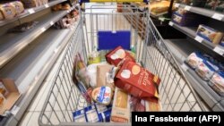 Një shportë me produkte ushqimore.