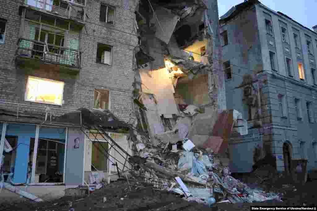 A residential building in Kharkiv damaged by a Russian missile strike.&nbsp;&nbsp; &nbsp;