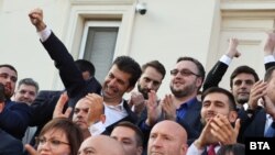 Премиерът Кирил Петков по време на протеста в четвъртък пред Народното събрание.