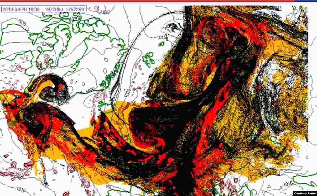 Проектирано движење на исландскиот облак од пепел (20.4. 1800 UTC) - Овие слики покажуваат проекција на движењето на облаците пепел од вулканска ерупција на Исланд низ Европа. Боите на сајтот претставуваат: жолто: пепел што ќе падне сам по себе црвено: пепел што ќе падне од врнежи црна: вистинскиот облак со пепел облак Извор: Норвешки Метеоролошки Институт