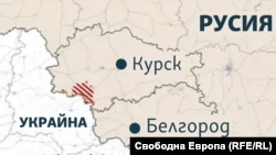 Карта на Курска и Белгородска област. В червено и жълто са украинските войници на територията на Русия.