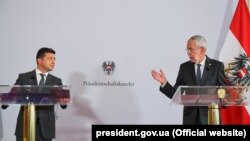 Австрискиот претседател Александар Ван дер Белен на прес конференцијата во Виена заедно со украинскиот претседател Володимир Зеленски,
15.09.2020.
