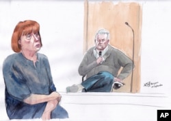 Schiță din tribunal, cu Gisele Pelicot și fostul său soț, Dominique.