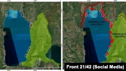 Охридско Езеро: Лево - девет „жешки точки“ на биолошка разновидност на брегот. Десно-планови за понатамошна урбанизација и трансформација. Фото: „Фронт 21/42.“