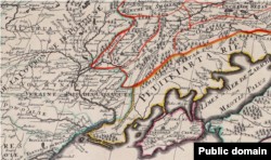 Укрупненный фрагмент карты Московии Николы Сансона, опубликованная Юбером Жайо («Пиратская» версия, издана в 1692 году в Амстердаме Пьером Мортье). Крым обозначен отдельно как и левобережный юг Украины (Малая Татария)