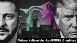 ვოლოდიმირ ზერლენსკი და დონალდ ტრამპი. კოლაჟი იშვიათ მიწათა მინერალების გამოსახულების ფონზე