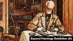 "Борис Денев рисува на масата вкъщи", 60-те години. Картината е на Славка Денева.