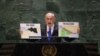 Premierul israelian Benjamin Netanyahu ține două hărți în timp ce vorbește în timpul celei de-a 79-a sesiuni a Adunării Generale a Națiunilor Unite la sediul Națiunilor Unite din New York, pe 27 septembrie 2024.
