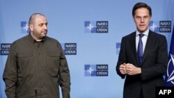 Ministrul ucrainean al Apărării, Rustem Umerov (s), și Secretarul General NATO, Mark Rutte (d). Sediul NATO, Bruxelles. 13 Februarie 2025.