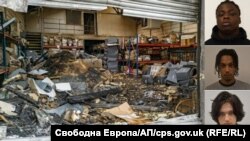 Останките от подпаления през март 2024 склад в Източен Лондон и осъдените за палежа Ний Менса, Джейкъм Роуз и Угниъс Асмена (от горе надолу).