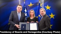 Milorad Dodik, Federika Mogerini i Johanes Han, Brisel, 4. mart 2019.