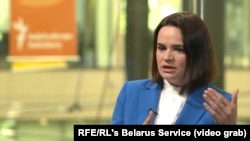 Szvjatlana Cihanouszkaja belarusz ellenzéki vezető június 8-án adott interjút a Szabad Európa prágai központjában.