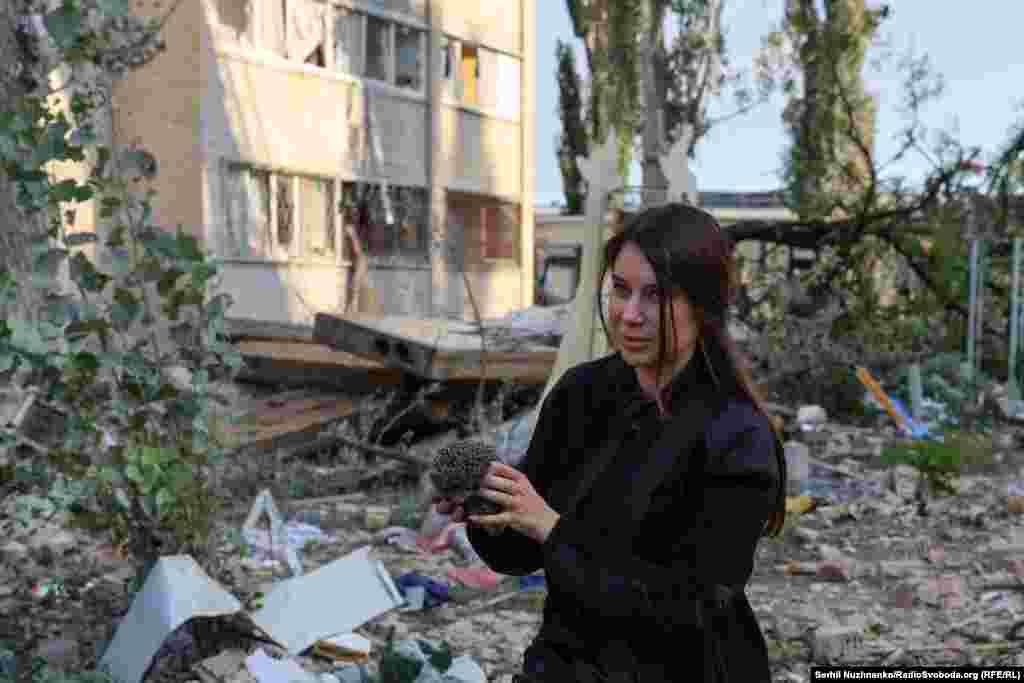 Женщина уносит домашнего ежа в безопасное место после атаки