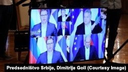 Predsednik Srbije Aleksandar Vučić, mađarski premijer Viktor Orban i njegov slovenački kolega Janez Janša, učestvuju na webinaru "Evropa bez cenzure" (8. jul 2020.)
