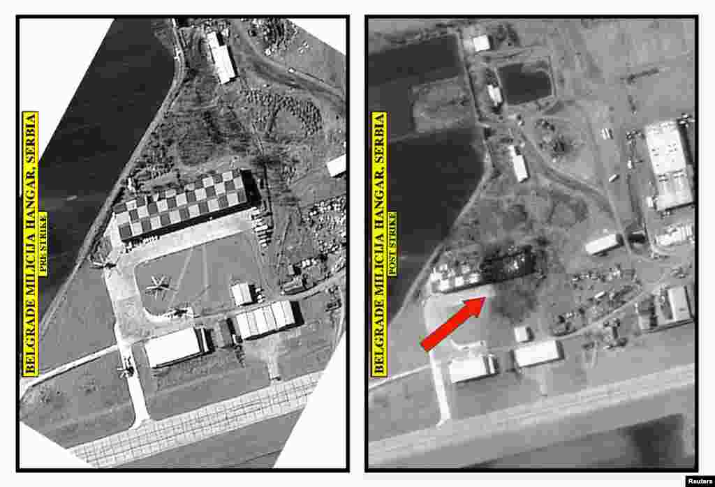 Një foto e NATO-s, e bërë nga ajri, paraqet një bazë policore afër Beogradit para dhe pas bombardimit, 7 prill1999. NATO/Reuters&nbsp; 