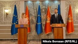 Visoka predstavnica Evropske unije za inostrane poslove Kaja Kallas na konferenciji za medije sa predsjednikom Vlade Crne Gore Milojkom Spajićem, Podgorica 7. april 2025.