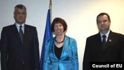 Hašim Tači, Ketrin Ešton i Ivica Dačić u Briselu, novembar 2012.