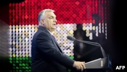Hungary's Prime Minister Viktor Orban delivering his annual state of the nation speech in Budapest on February 22, 2025