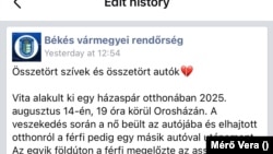 Összetört szívek, összetört autók - a Békés vármegyei rendőrség posztja, screenshot