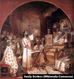 Scenă de la Sinodul de la Niceea, într-un tablou de Vasily Surikov, pictor realist din secolele XVIII-XI.