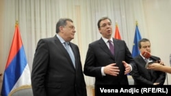 Milorad Dodik, Aleksandar Vučić i Ivica Dačić u Beogradu 22. decembra 2015.