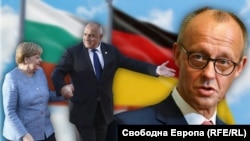 Колаж с Ангела Меркел, Бойко Борисов и Фридрих Мерц