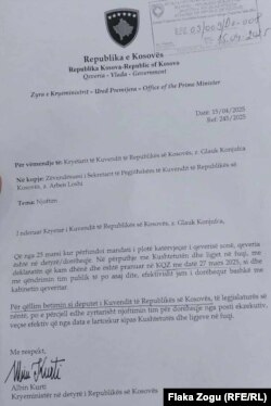 Pismo Aljbina Kurtija o ostavci na mesto premijera.