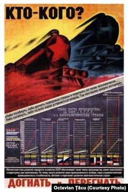 Afiș propagandistic sovietic (Cine pe Cine, Ajungem și Depășim) care reflectă rivalitatea dintre URSS și lumea capitalistă