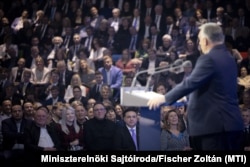 Orbán Viktor miniszterelnök évértékelő beszédét tartja a Várkert Bazárban 2025. február 22-én