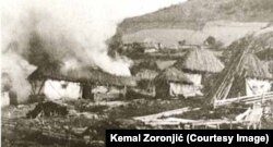 Shtëpitë e djegura në fshatin Bihor nga njësitë çetnike të Pavlle Gjurishiqit. Janar, 1943.