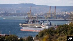 An oil tanker is moored at the Sheskharis complex, part of Chernomortransneft JSC, a subsidiary of Transneft PJSC, in Novorossiysk -- one of the largest facilities for oil and petroleum products in southern Russia.