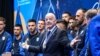 KOSOVO: FIFA President, Gianni Infantino, in Pristina, October 8, 2025. Behind him: Footballers of Kosovo National Team.
