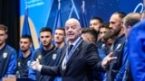 KOSOVO: FIFA President, Gianni Infantino, in Pristina, October 8, 2025. Behind him: Footballers of Kosovo National Team.