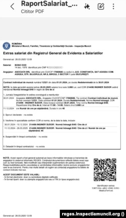 Exemplu de raport generat de platformă la solicitarea unui salariat.