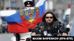 Aleksandr Zaldostanov, leader of the Night Wolves motorcycle club, rides with club members in Moscow.