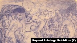 "Баня в затвора", химически молив. 1944-1945. Художник: Борис Денев.