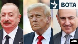 Presidenti i Azerbajxhanit, Ilham Aliyev, presidenti i Shteteve të Bashkuara, Donald Trump, dhe kryeministri i Armenisë, Nikol Pashinian. 