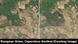 Комбинация от сателитни изображения показва размера на пожара, обхванал община Сунгурларе. Лявата снимка е от 7 август, а дясната - от 11.